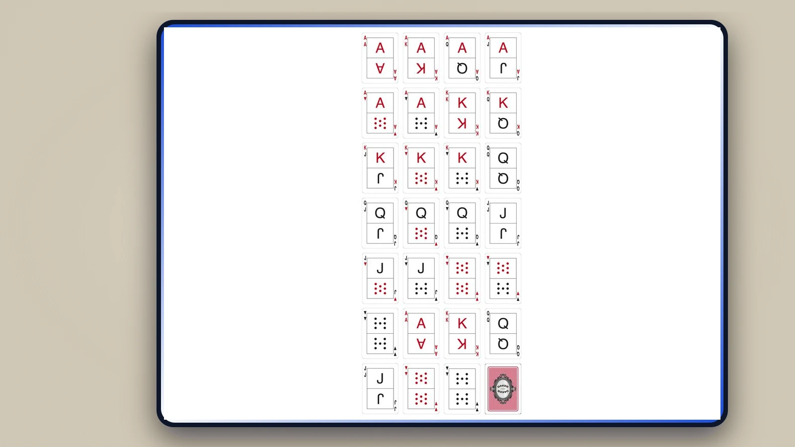 Lámina original con las cartas de doble valor que forman la baraja de Daker Poker