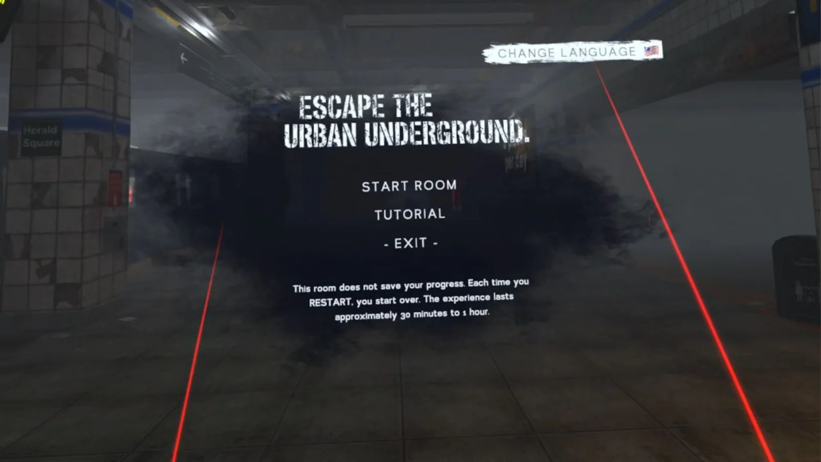 Menú real de Escape the Urban Underground visto desde el visor de realidad virtual