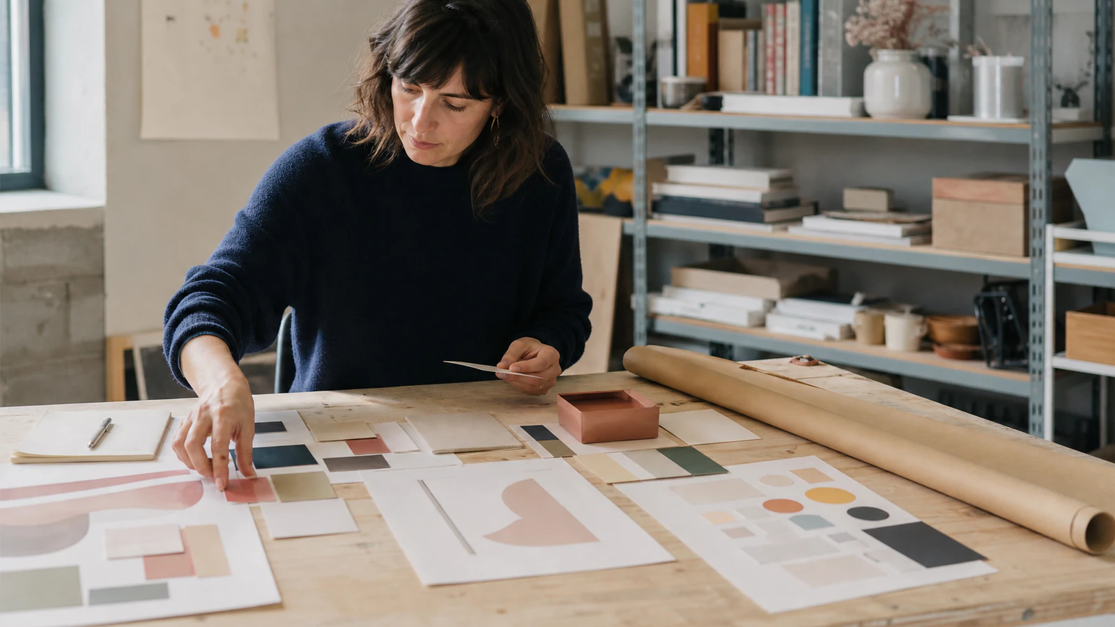 Directora de arte ordena muestras de color, papeles y aplicaciones para definir un sistema de identidad visual