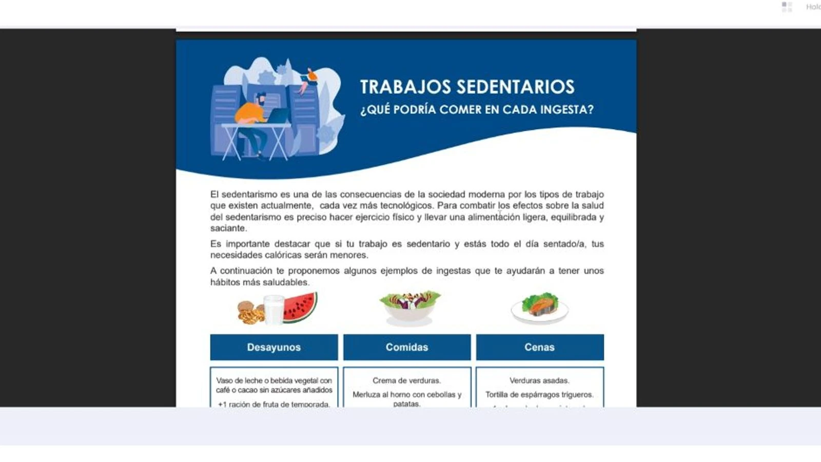 Lámina educativa sobre trabajos sedentarios mostrada dentro de un serious game