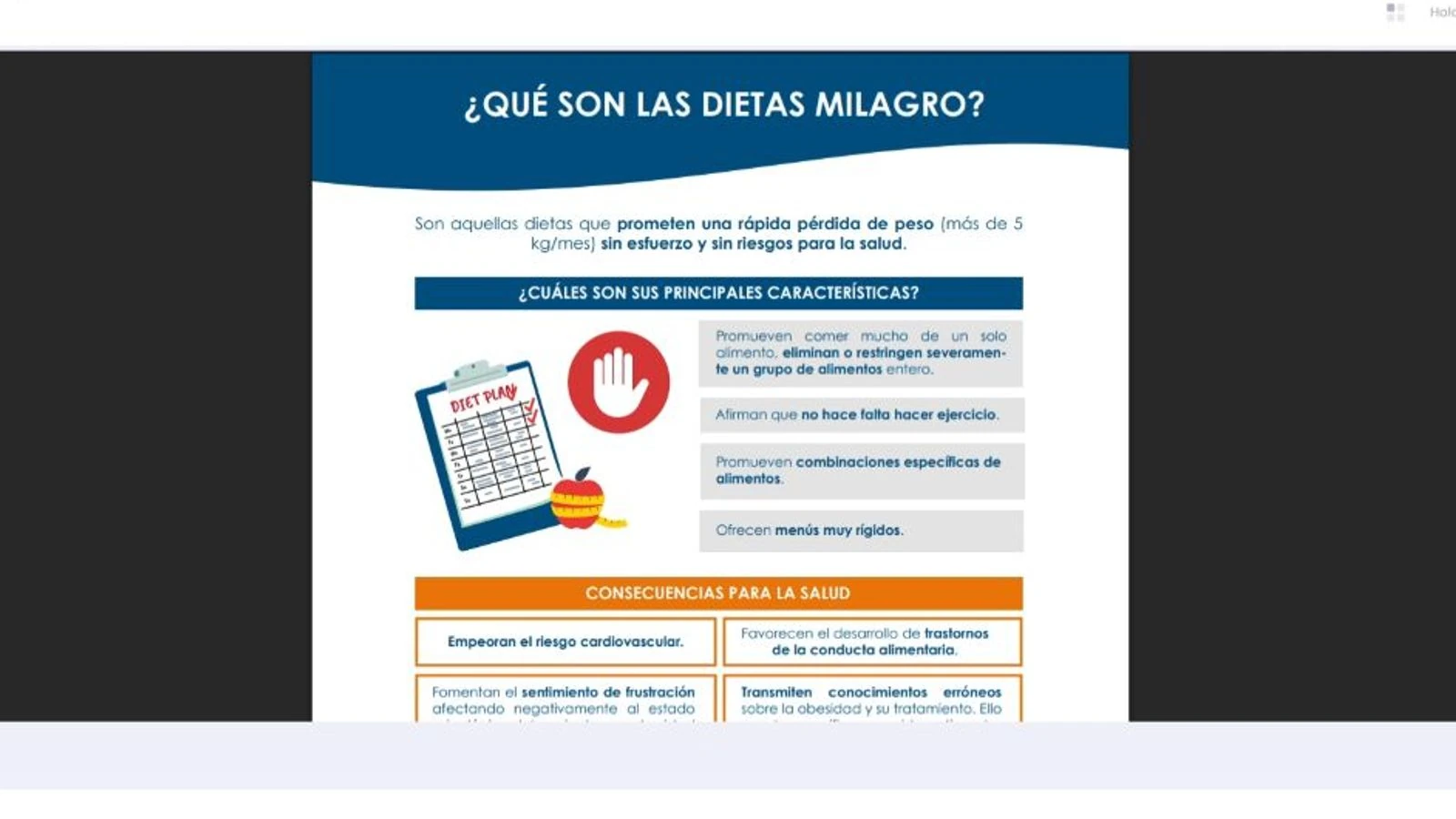Lámina educativa sobre dietas milagro integrada en una actividad interactiva